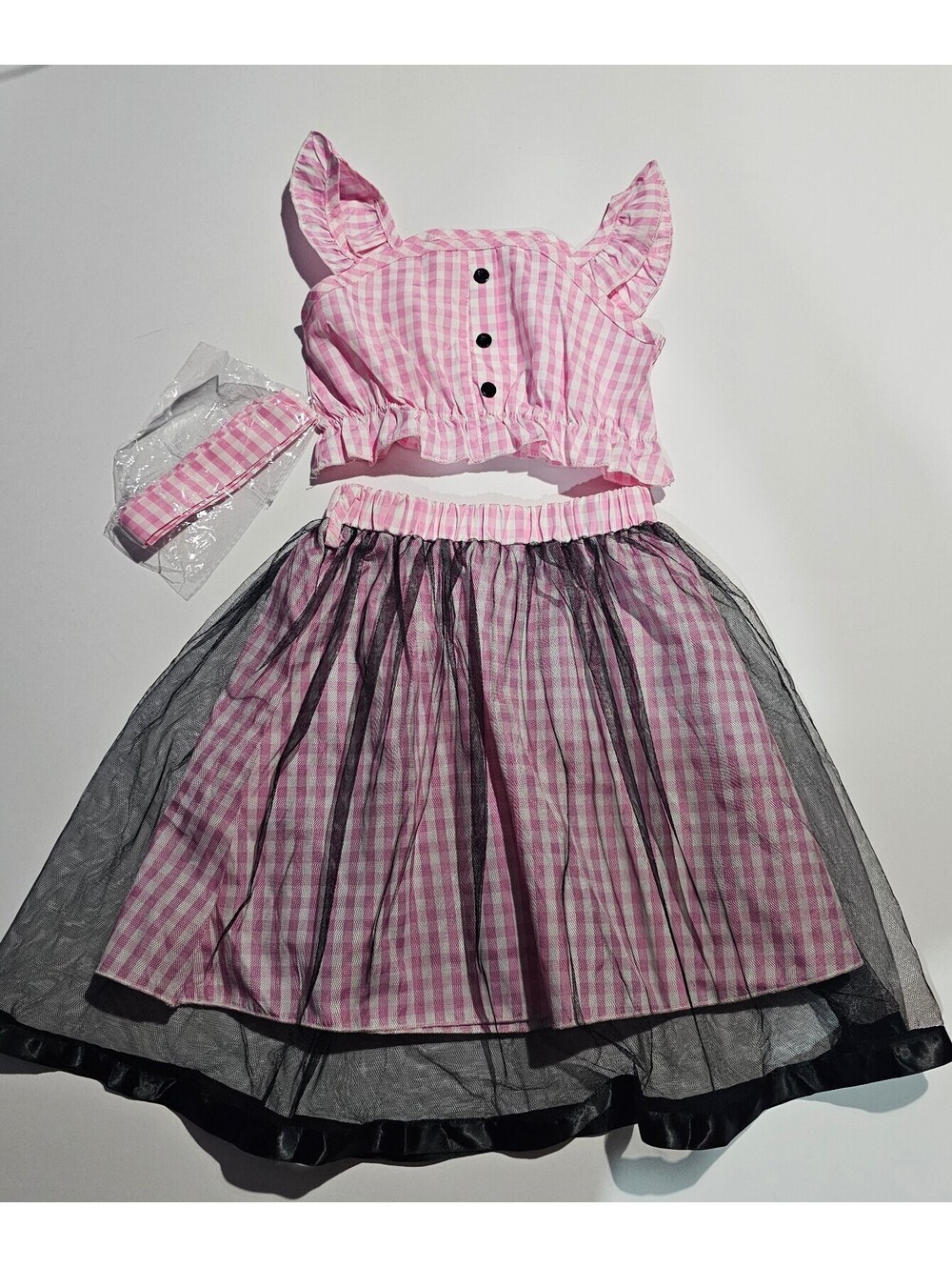 Girls Pink Gingham Top and Skirt Set with Headband Size 4-5Y